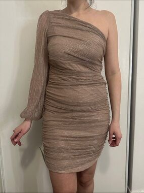 le chateau One-Shoulder Metallic Taupe Dress